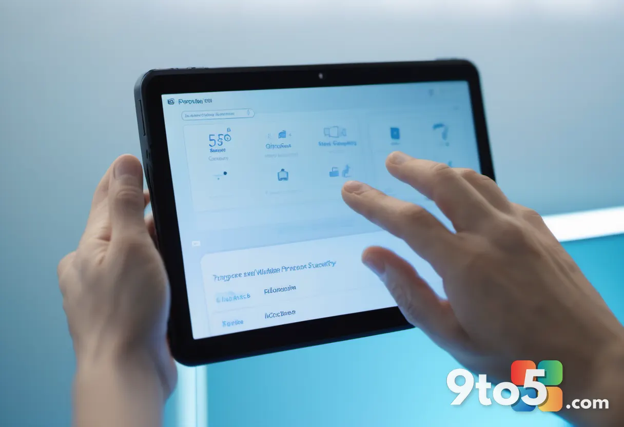 A hand toggling a switch on a tablet screen showing Windows Privacy & Security settings, soft blue lighting, shallow dep
