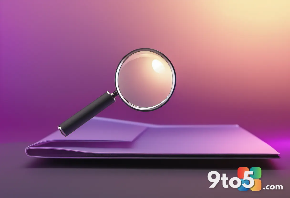A close-up of a glowing folder icon overlaid with a small magnifying glass, soft bokeh background, warm and cool tech ed