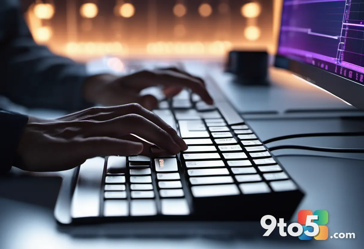 A close-up of hands typing on a backlit mechanical keyboard, a monitor blurred in the background showing lines of code, 