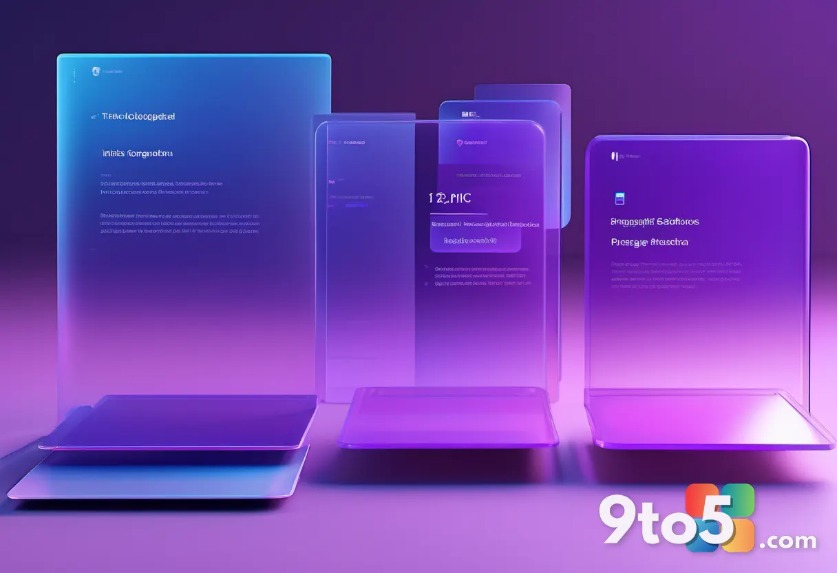 An abstract digital illustration of layered software editions as stacked translucent cards floating in space, blue and p