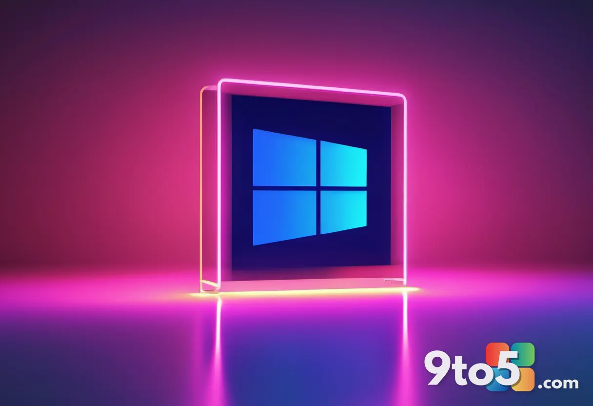 A Windows 11 boot logo rendered as a soft neon sign against a dark blue backdrop, clean and modern, shallow depth of fie