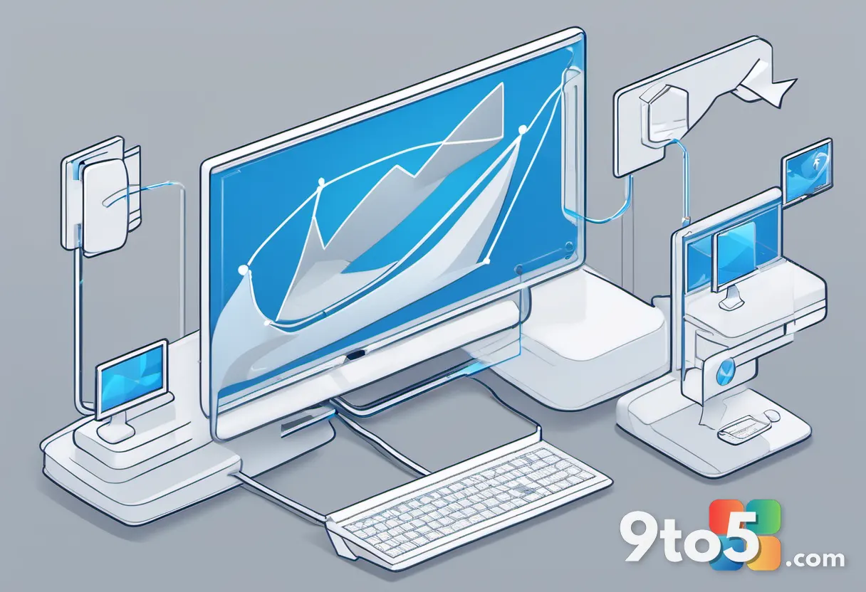 A stylized diagram illustration of flowing arrows connecting desktop icons sending a ready signal to a logon manager, cl