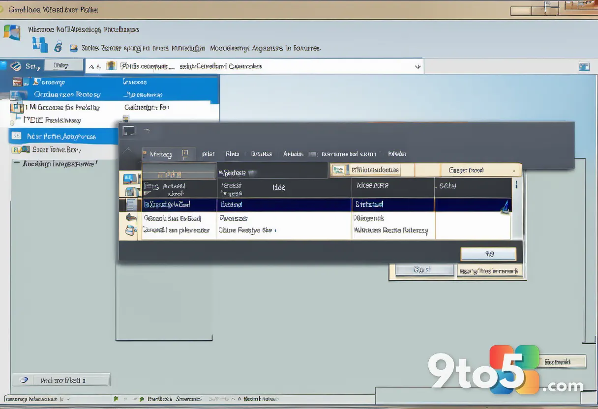 A Windows 7 Group Policy Editor window with checkbox options, soft blurred office desk background, calm blue and cream t