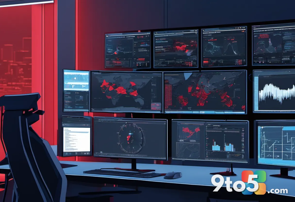 A security operations center with multiple monitors displaying red alerts and dashboards, the silhouette of an analyst w