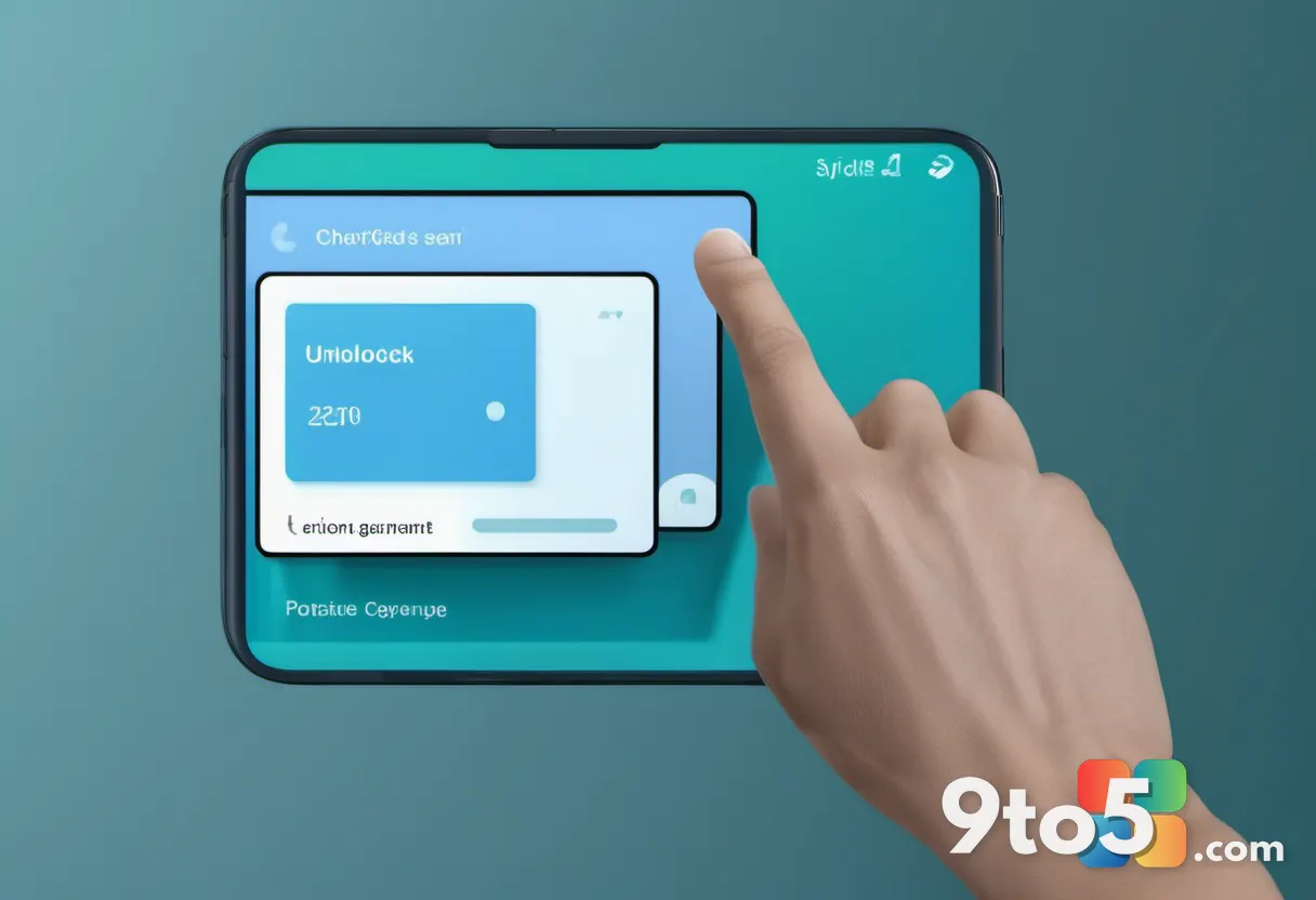 A close-up of a hand tapping an "Unblock" checkbox on a glowing touchscreen, soft blue and teal lighting, minimalist tec