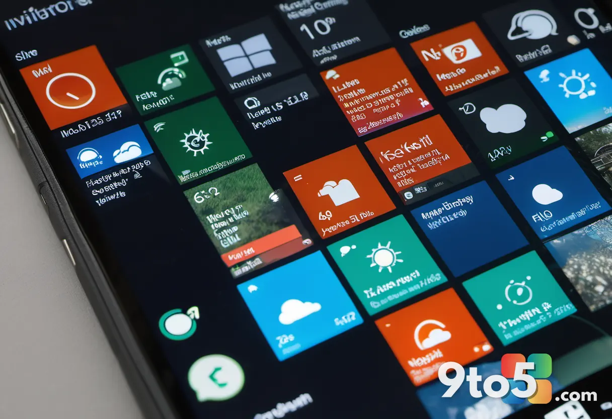 Close-up photograph of a Windows Phone screen showing dynamic Live Tiles flipping and animating with weather and message