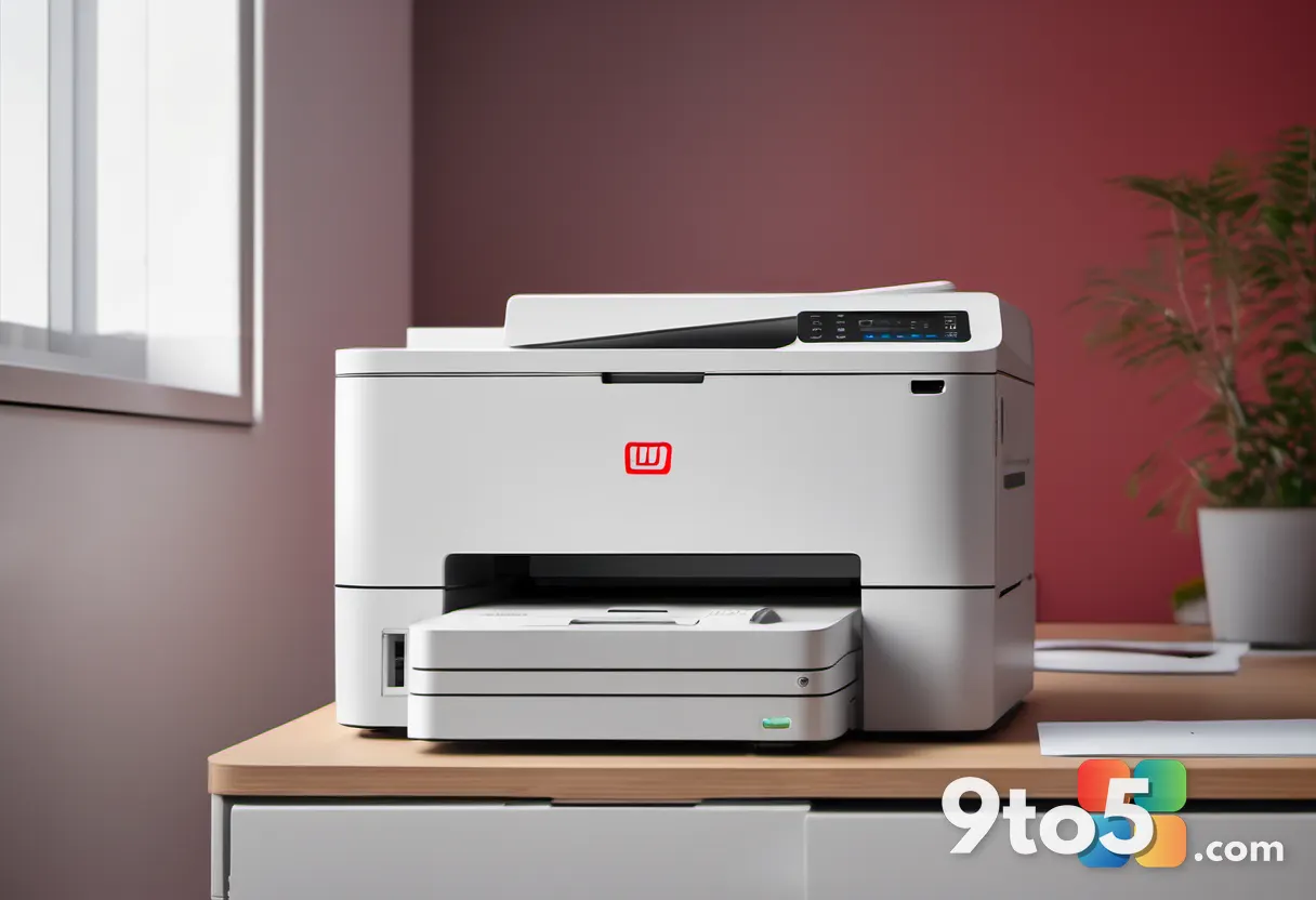 A white office printer with a red error light lit, fluorescent office lighting, shallow depth of field, realistic editor