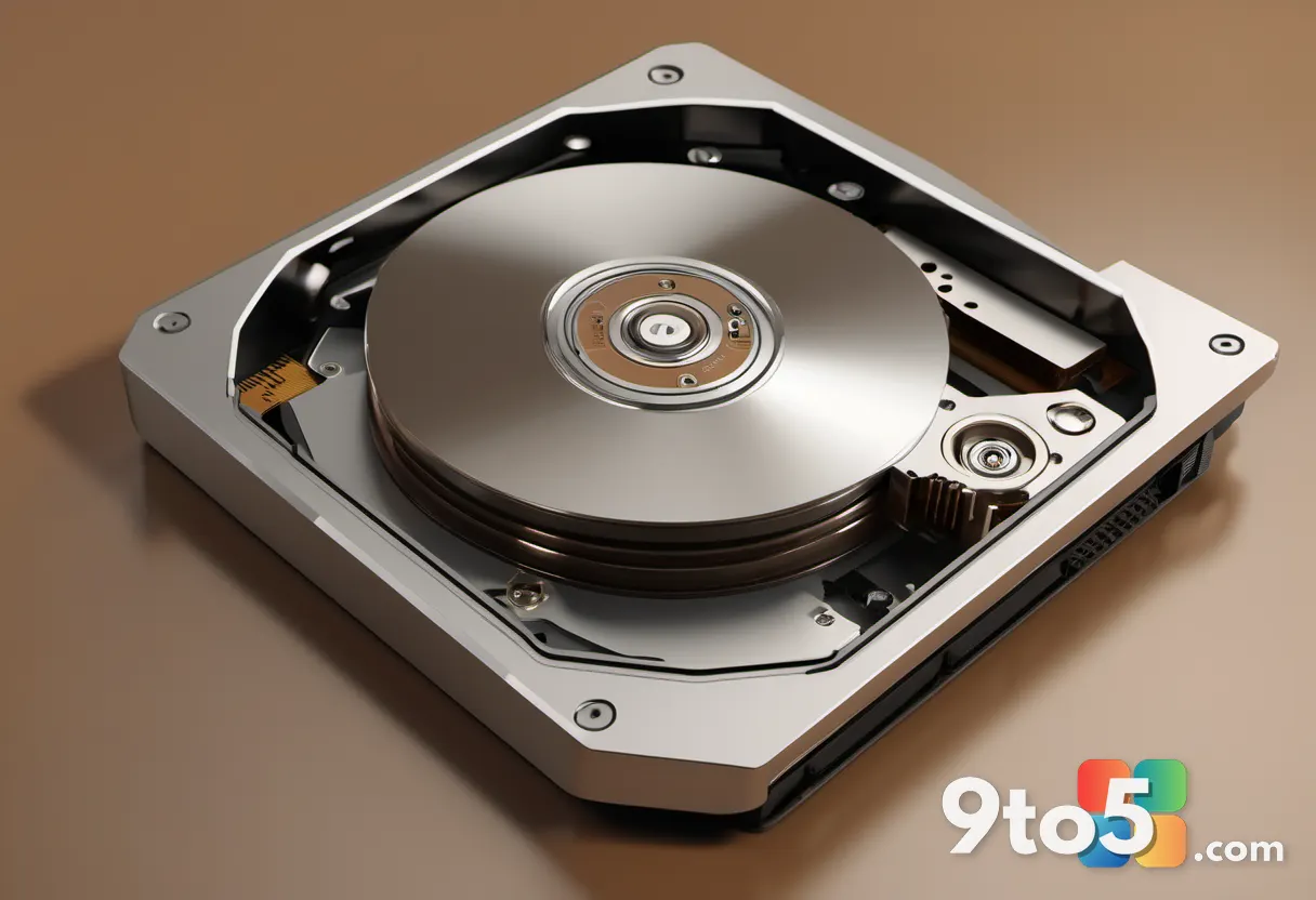 A vintage mechanical hard disk spinning with a faint Windows 8 logo in the background, warm sepia tones, nostalgic tech 