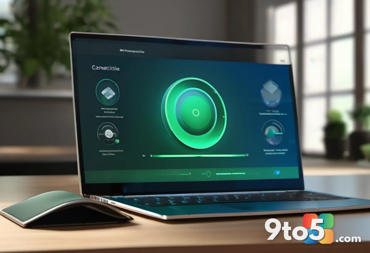 A stylized Windows Insider badge with four concentric rings glowing blue and green, floating above a sleek laptop on a w