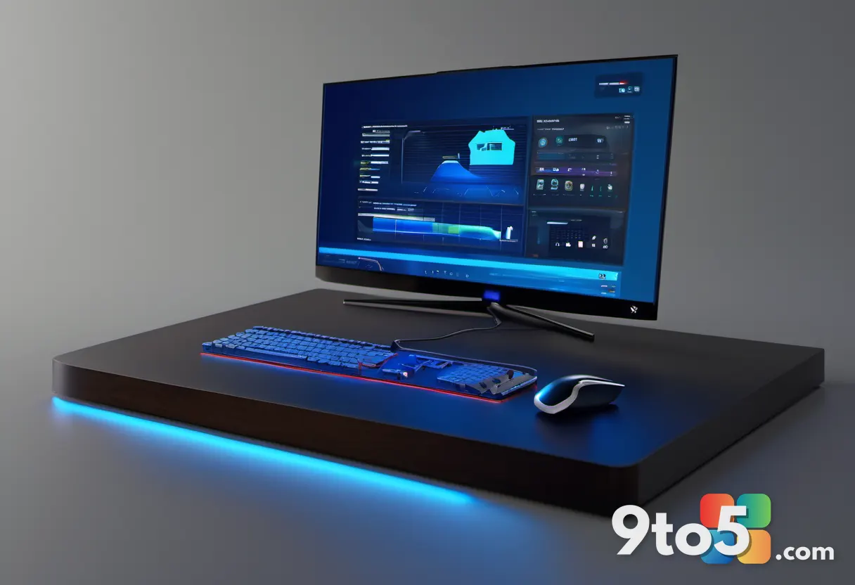 A sleek high-end desktop graphics card resting on a dark wooden workbench, LED accents glowing blue, shallow depth of fi