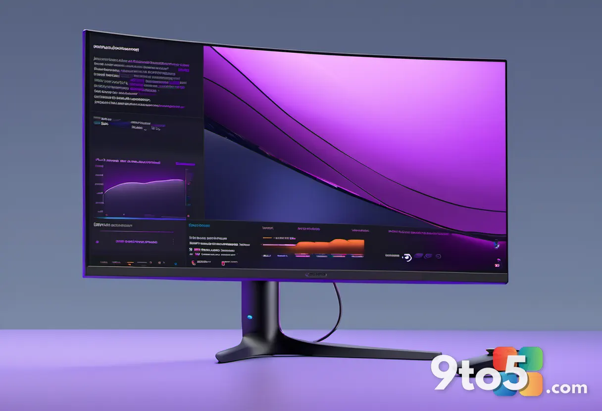 A curved gaming monitor displaying a game's system requirements screen, soft desktop glow, dim room with ambient purple 