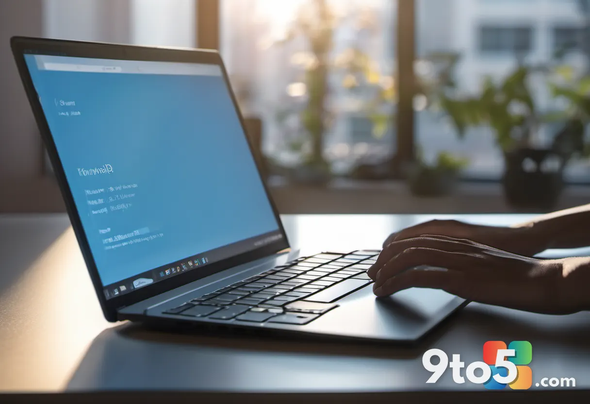 A person's hands typing on a sleek laptop keyboard at a bright, minimalist desk, morning light, shallow focus on the key