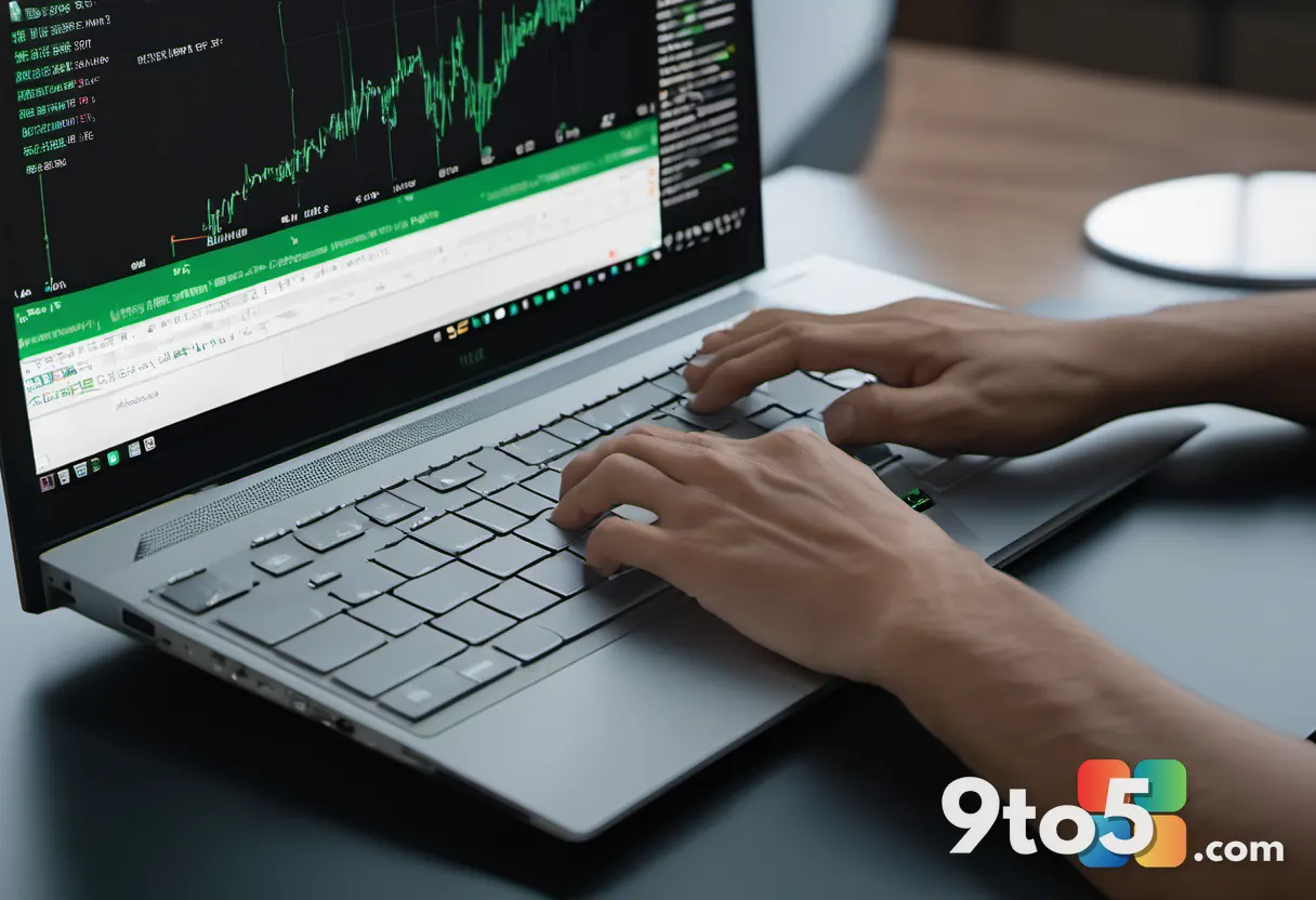 A developer's hands on a laptop keyboard displaying a terminal with green code text, a Windows and Linux logo side by si