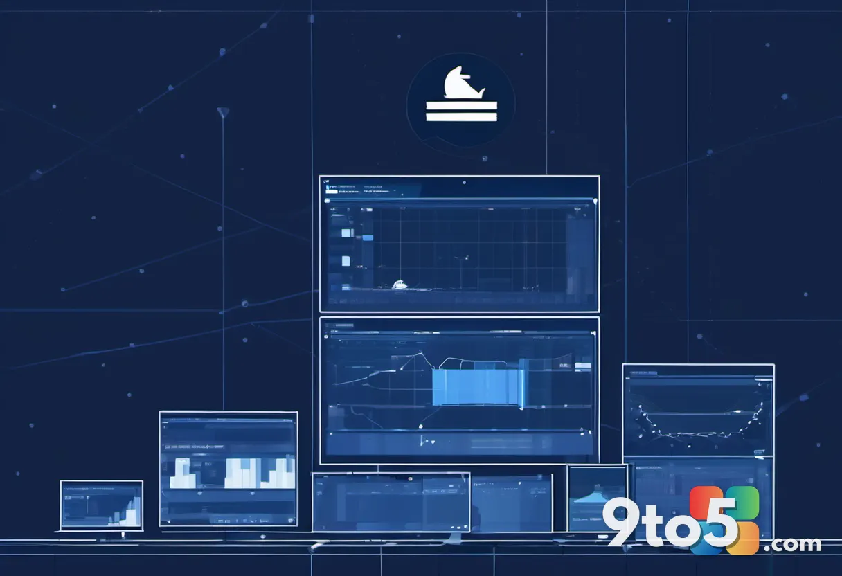 An abstract visualization of stacked translucent containers with a Linux flag and Docker-style whale icon, floating in a