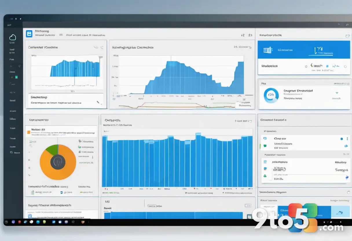 An enterprise IT dashboard screen showing Intune security controls and container monitoring panels, clean UI, blue color