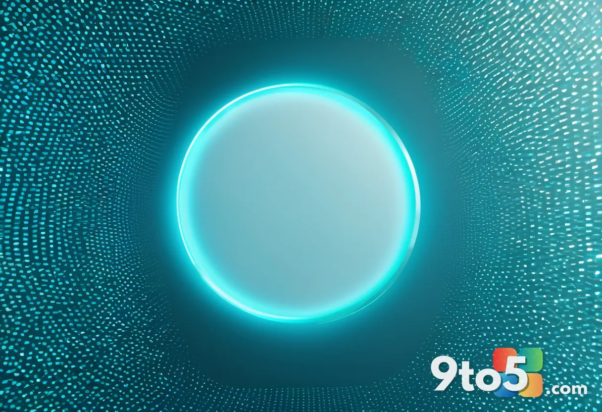 A minimalist concept of a disc transforming into glowing digital particles rising upward, blue and teal gradient, clean
