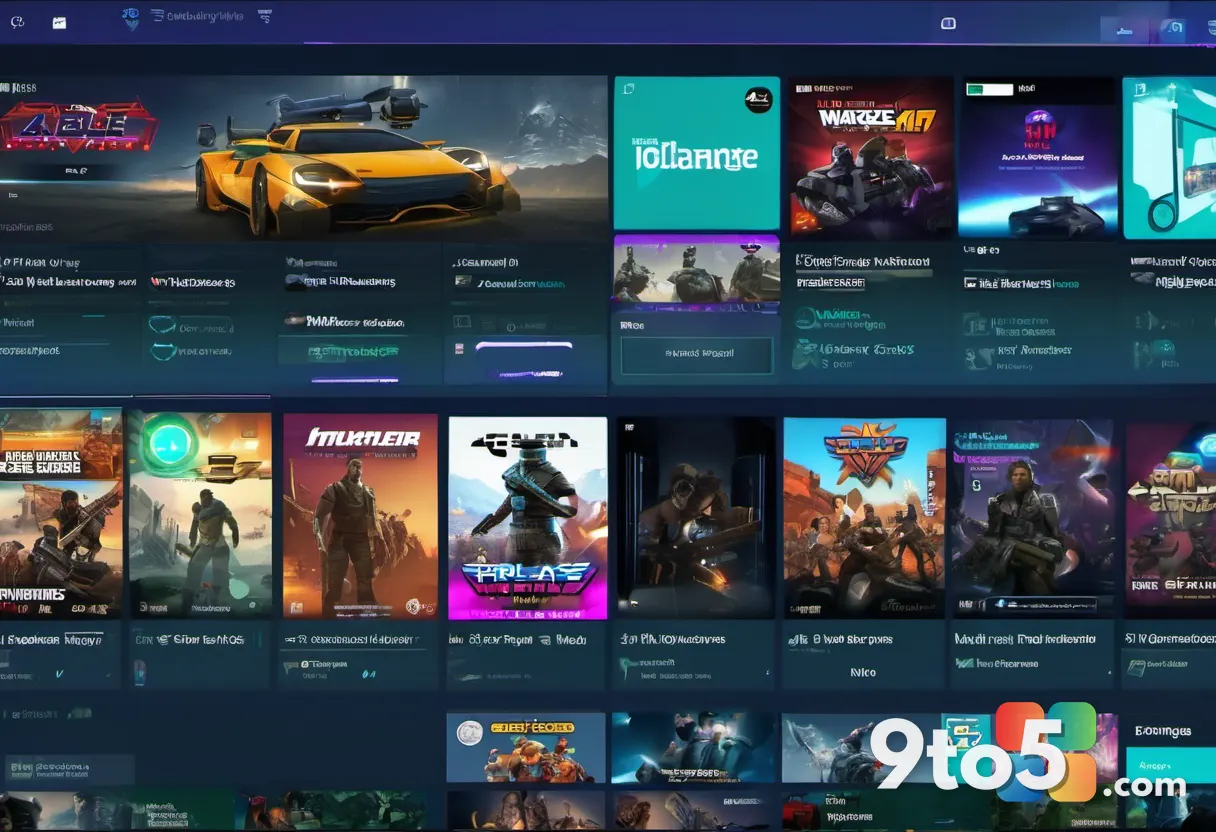 A grid of colorful video game box art arranged on a dark Xbox dashboard interface, glowing screens, futuristic UI, deep 