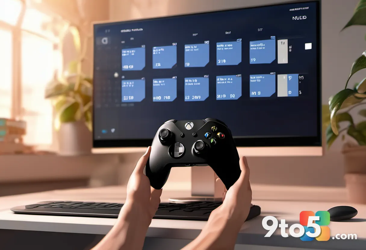 A hand gripping an Xbox controller with a glowing weekend calendar and clock icon in the background, warm evening lighti