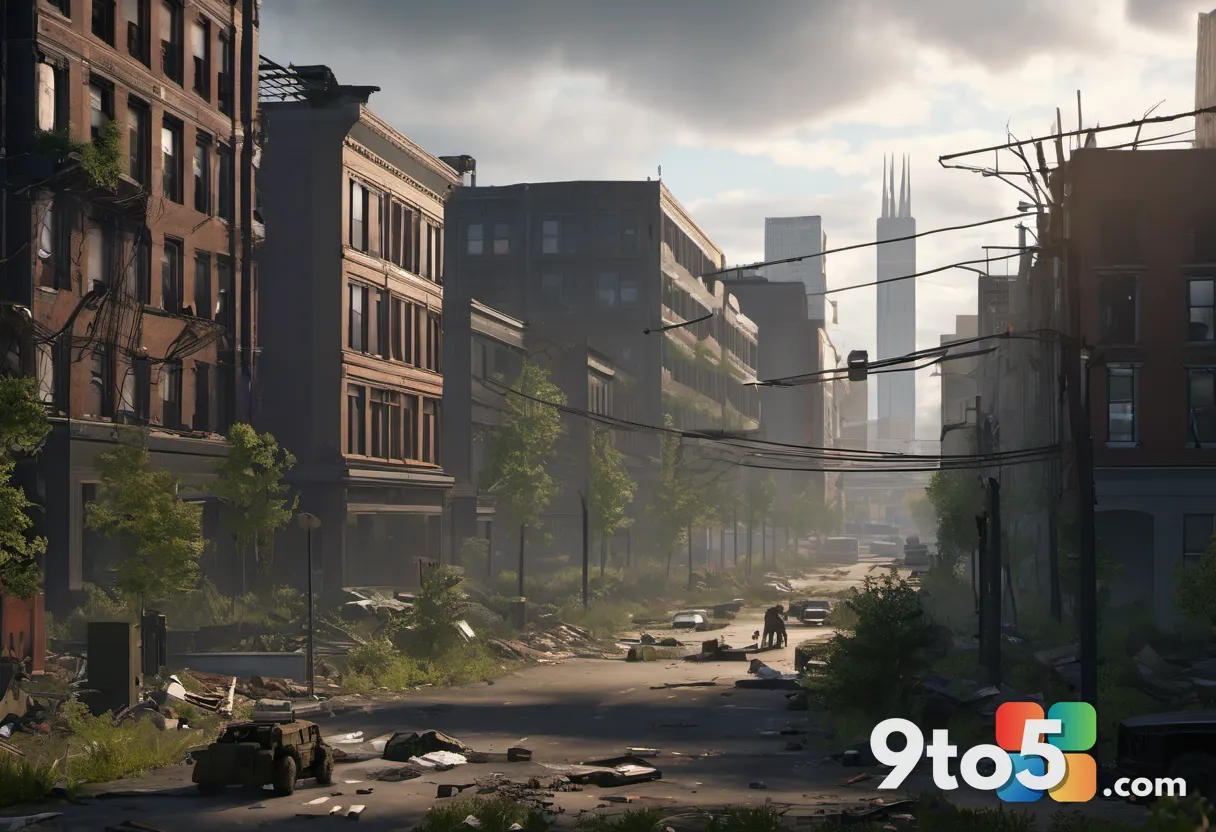 A post-apocalyptic Washington, D.C. cityscape from The Division 2, an agent in tactical gear aiming a rifle amid rubble 