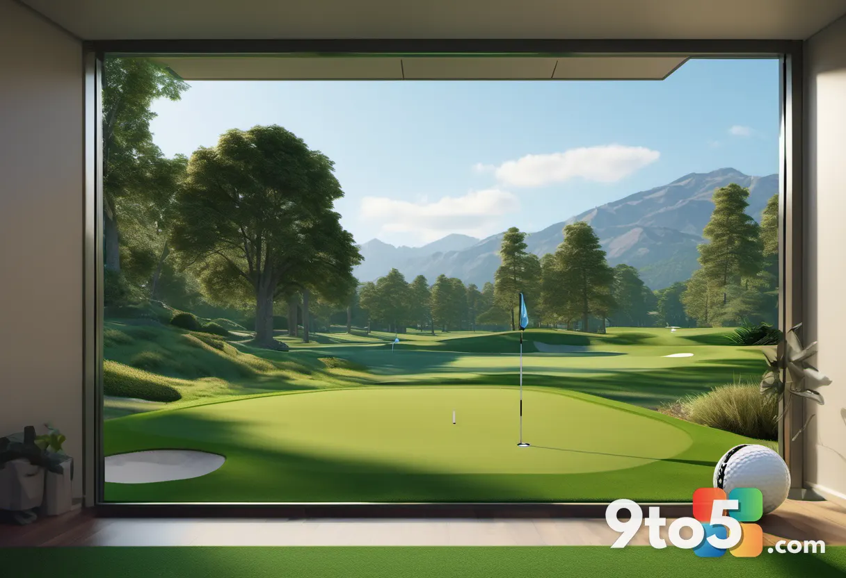 A golfer mid-swing on a lush green PGA TOUR course, golf ball in flight, bright sunny sky, vibrant greens and blue, spor