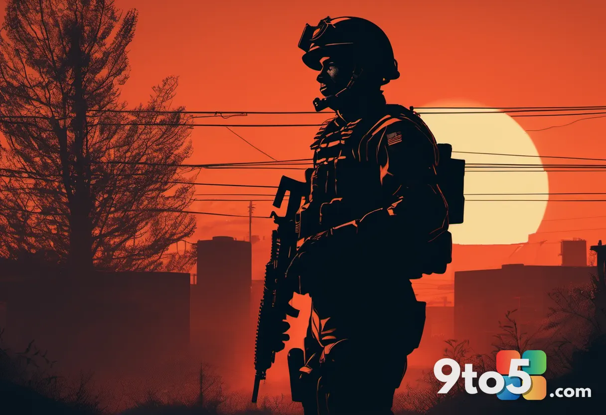 A gritty Cold War-era soldier silhouette against a red and orange sunset, retro 1980s military aesthetic, subtle film gr