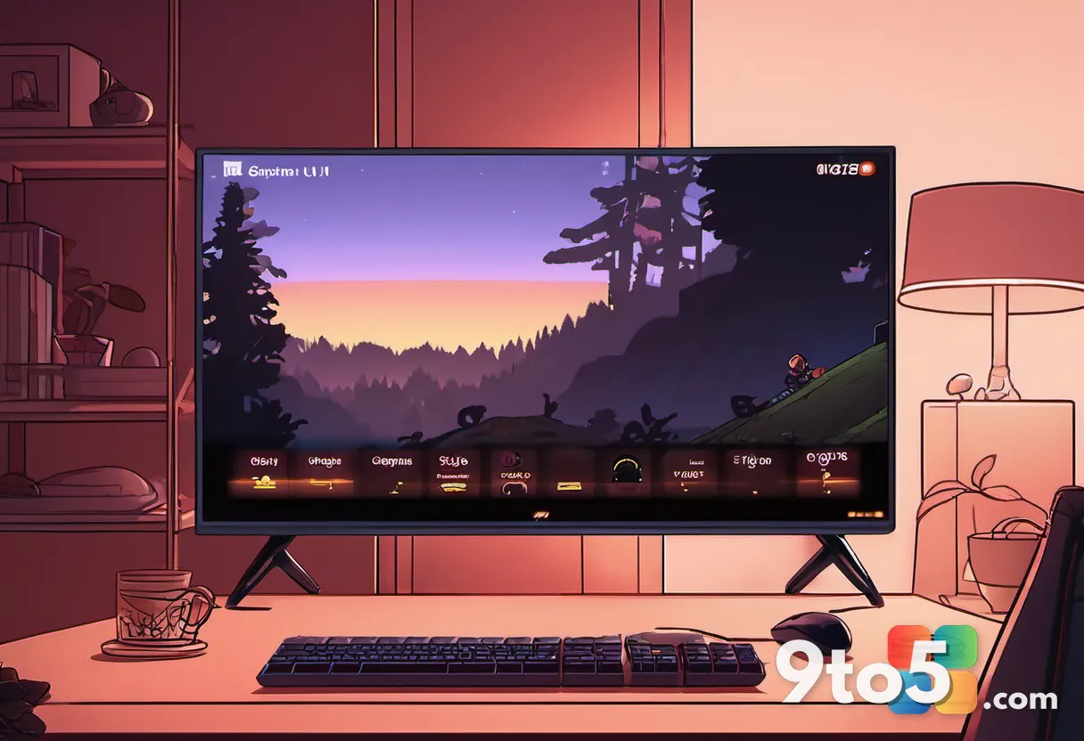 A close-up of a person's hands on a game controller illuminated by a TV screen showing achievement pop-ups, a cozy gamin