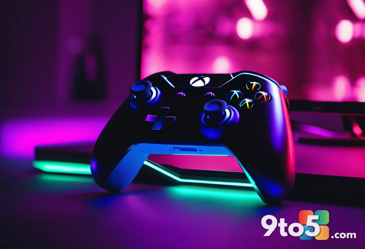 A close-up of a gamer's hands gripping an Xbox controller, screen glow reflecting in focused concentration, dim room lit