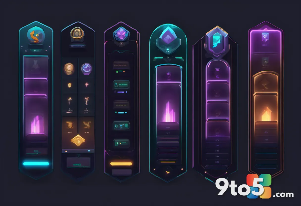 A stylized progression staircase of glowing achievement badges rising from muted common tiers to a brilliant mythic top 