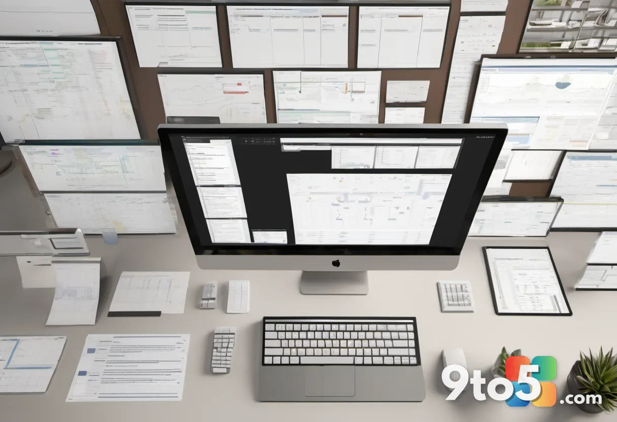 A top-down view of a cluttered studio desk piled with org charts and press releases, warm office lighting, shallow depth