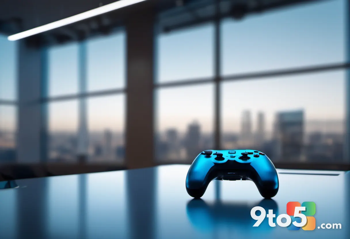 A lone game controller resting on a glass-walled conference room table, cool blue ambient light, minimalist corporate in