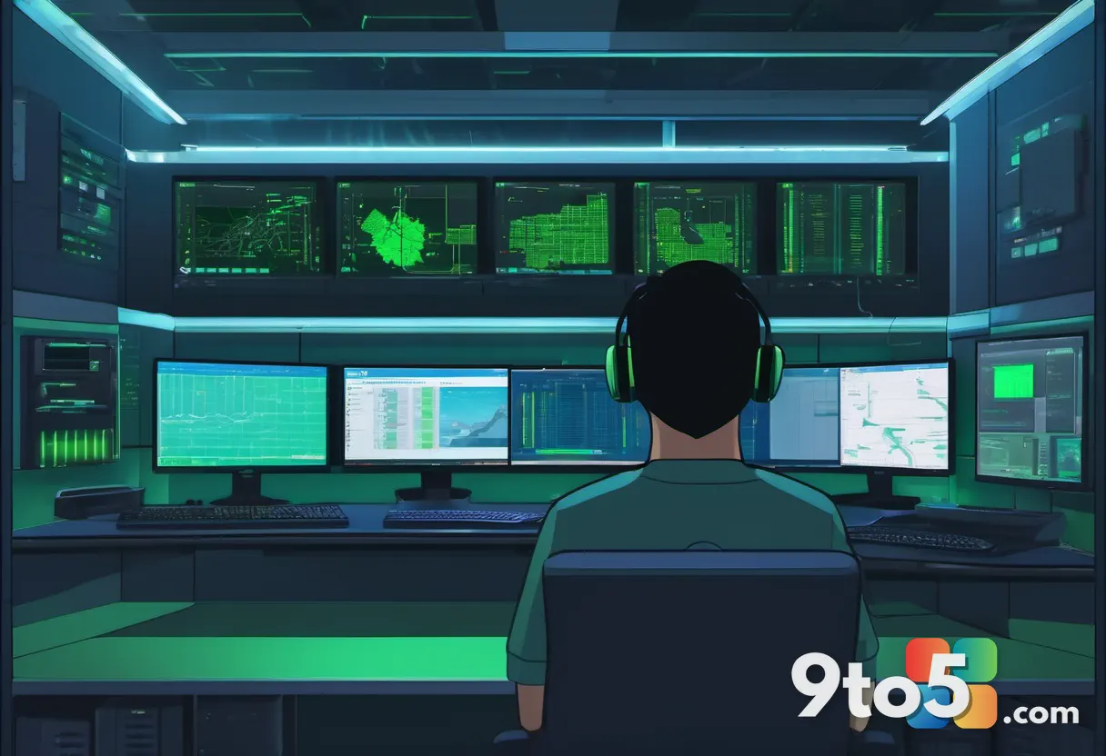 An IT administrator at a dimly lit control panel watching multiple server screens showing green security status, cool bl