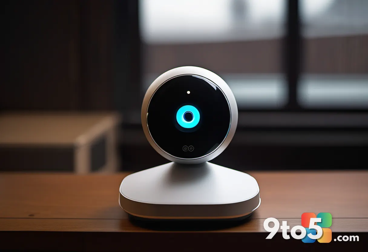 A close-up of a small hidden surveillance bug device resting on a dark wooden desk, dramatic warm lighting, shallow dept