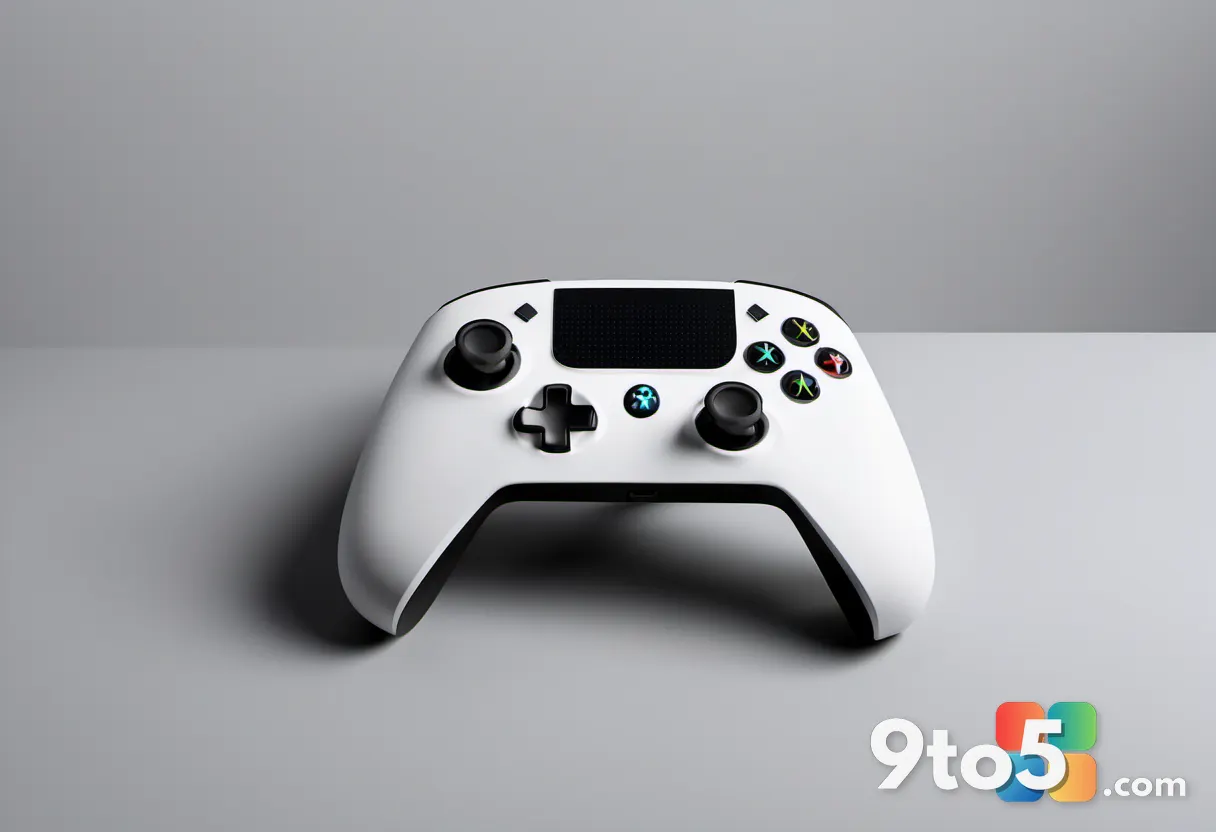 A compact white wireless game controller on a matte dark surface, clean product photography with soft studio lighting an