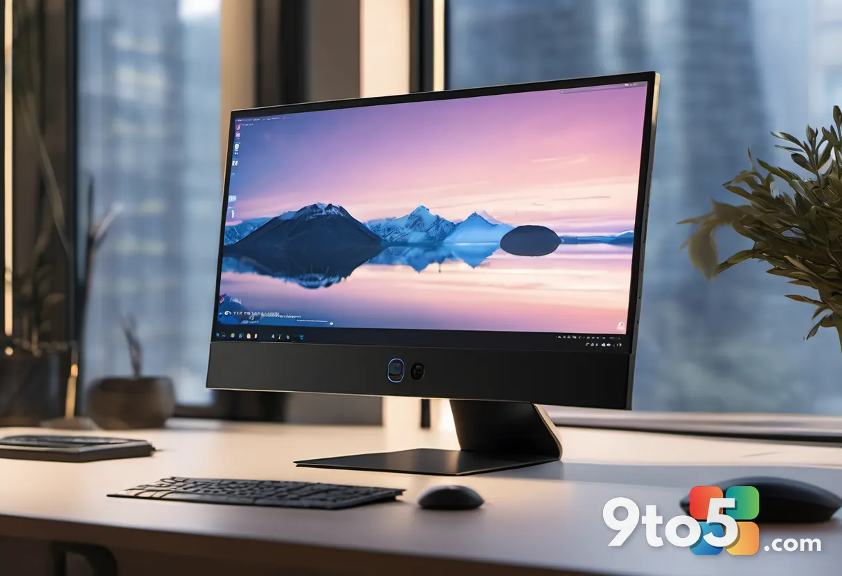 A close-up of a monitor's slim black bezel and low-profile stand on a desk, warm ambient lighting, shallow depth of fiel
