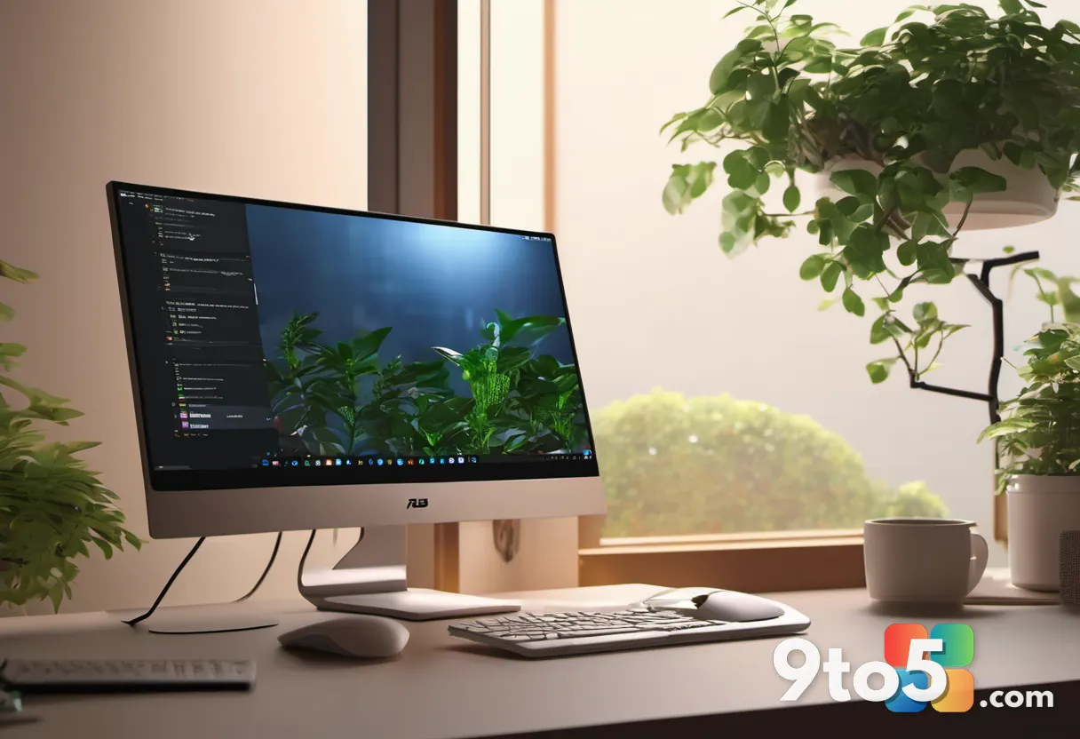 Two hands typing on a keyboard with an Asus monitor glowing in the background, a coffee mug and small plant nearby, cozy