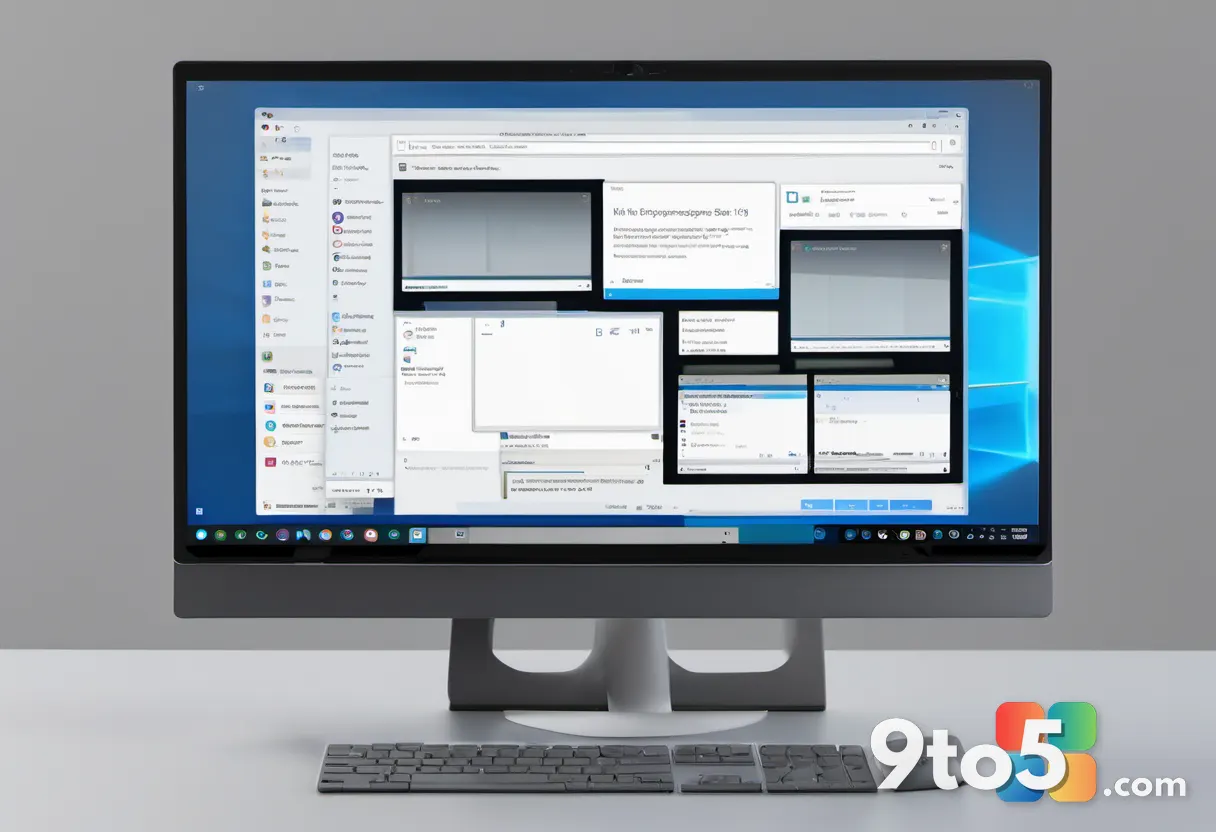 A desktop computer screen showing multiple browser windows, one highlighted with a magnifying glass searching, neutral g