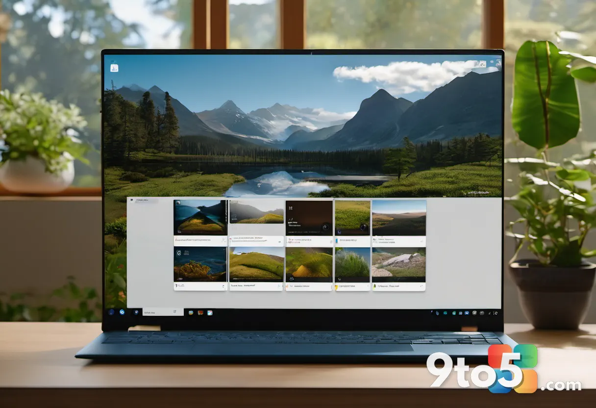 A Windows 11 settings screen showing a rotating wallpaper gallery with nature photographs, warm natural lighting, clean 