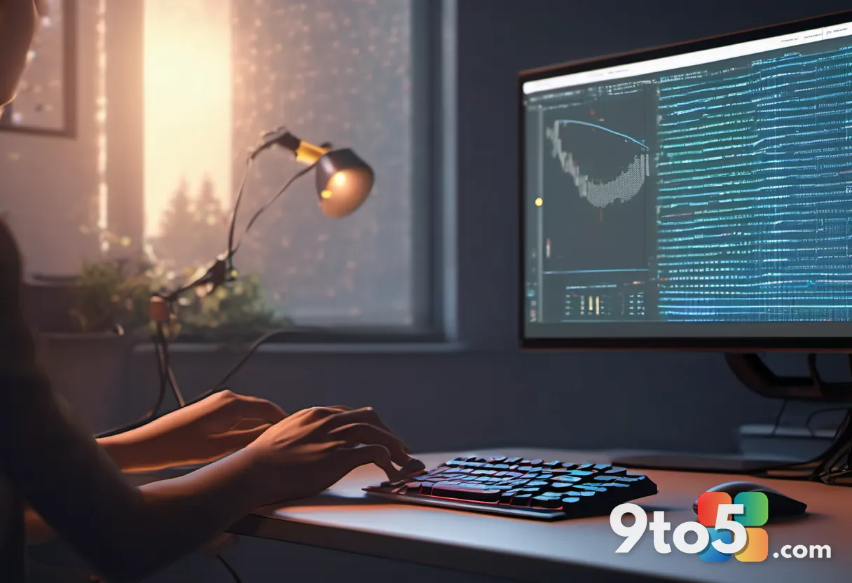 A close-up of hands typing on a backlit keyboard with lines of code on screen and a small pixel-art game sprite, warm de