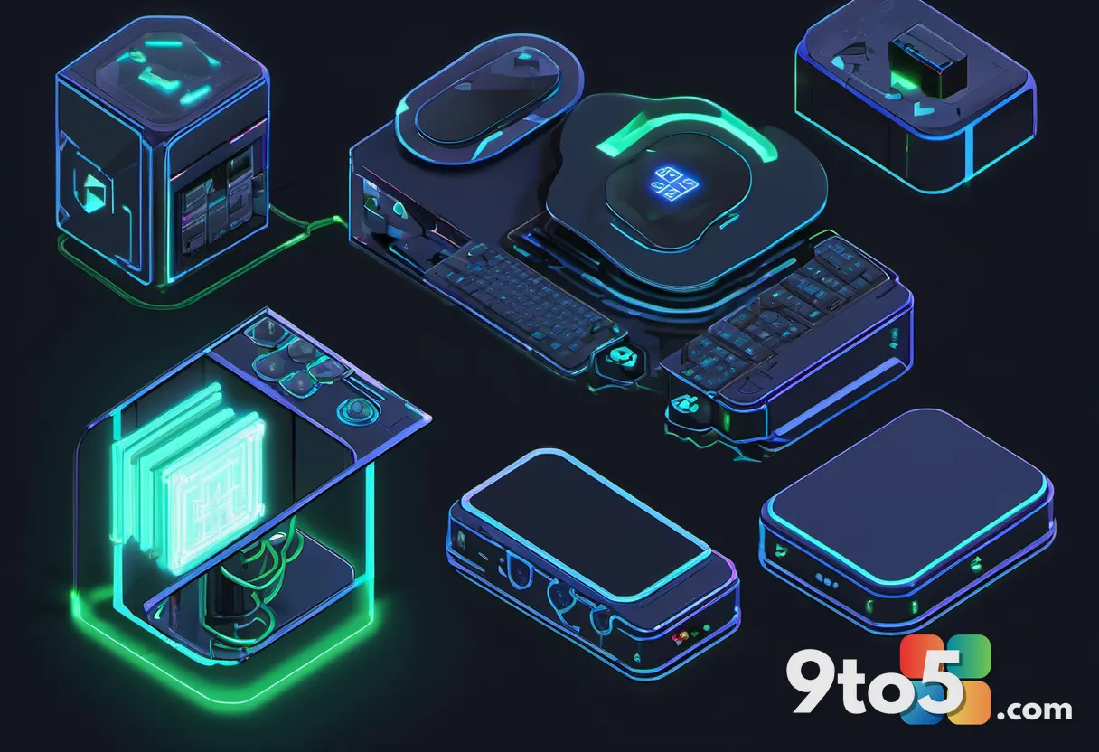 An isometric illustration of three console-controller silhouettes connected by glowing lines to a central game-engine ic