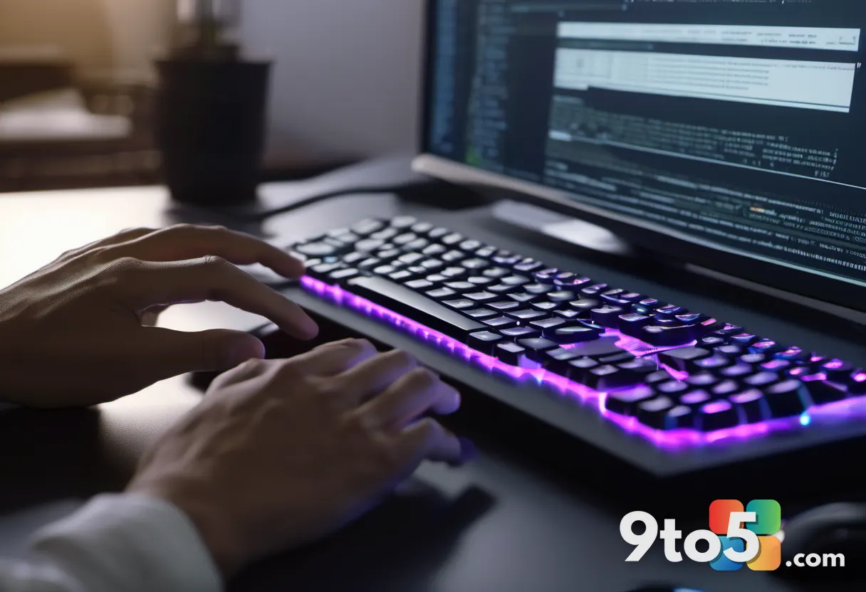 Close-up of hands typing on a keyboard with open-source code scrolling on a monitor, warm office lighting, shallow depth