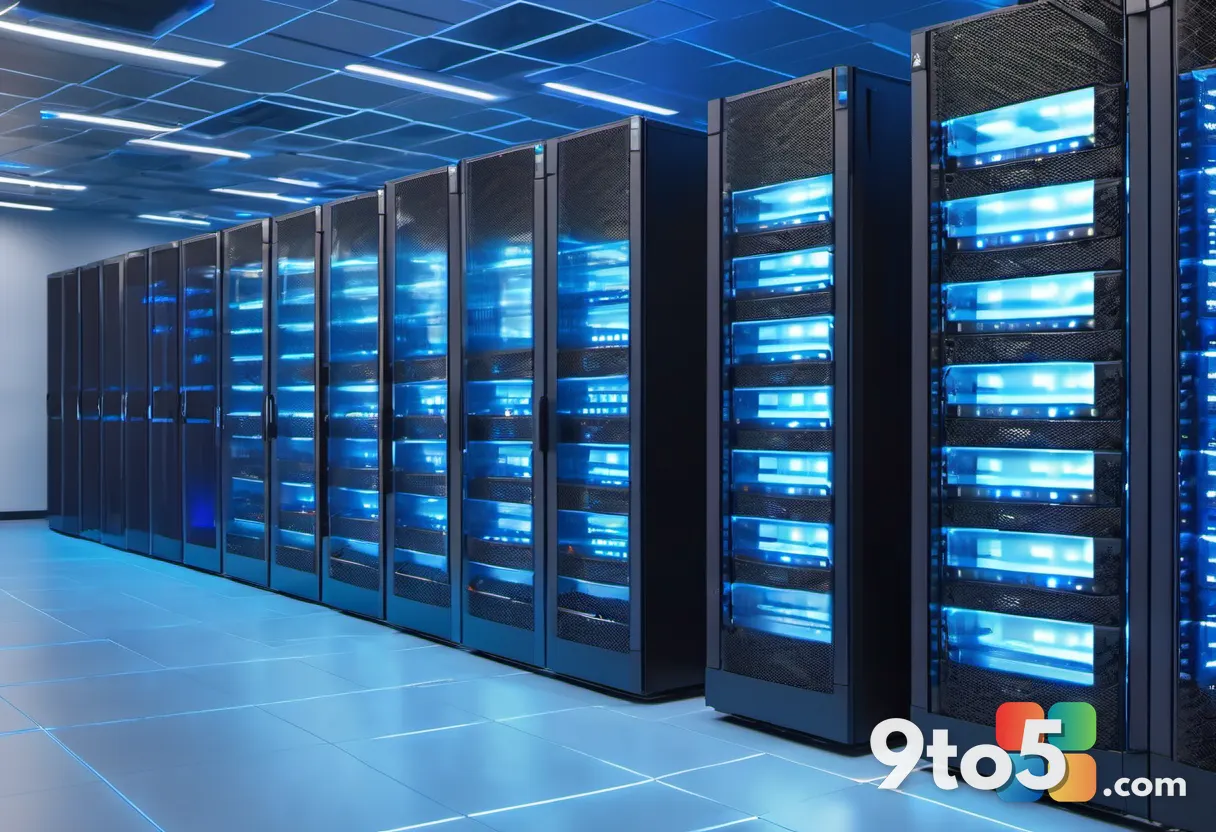 A row of server racks in a datacenter with blue LED lights, representing on-premises infrastructure, cool tones, profess