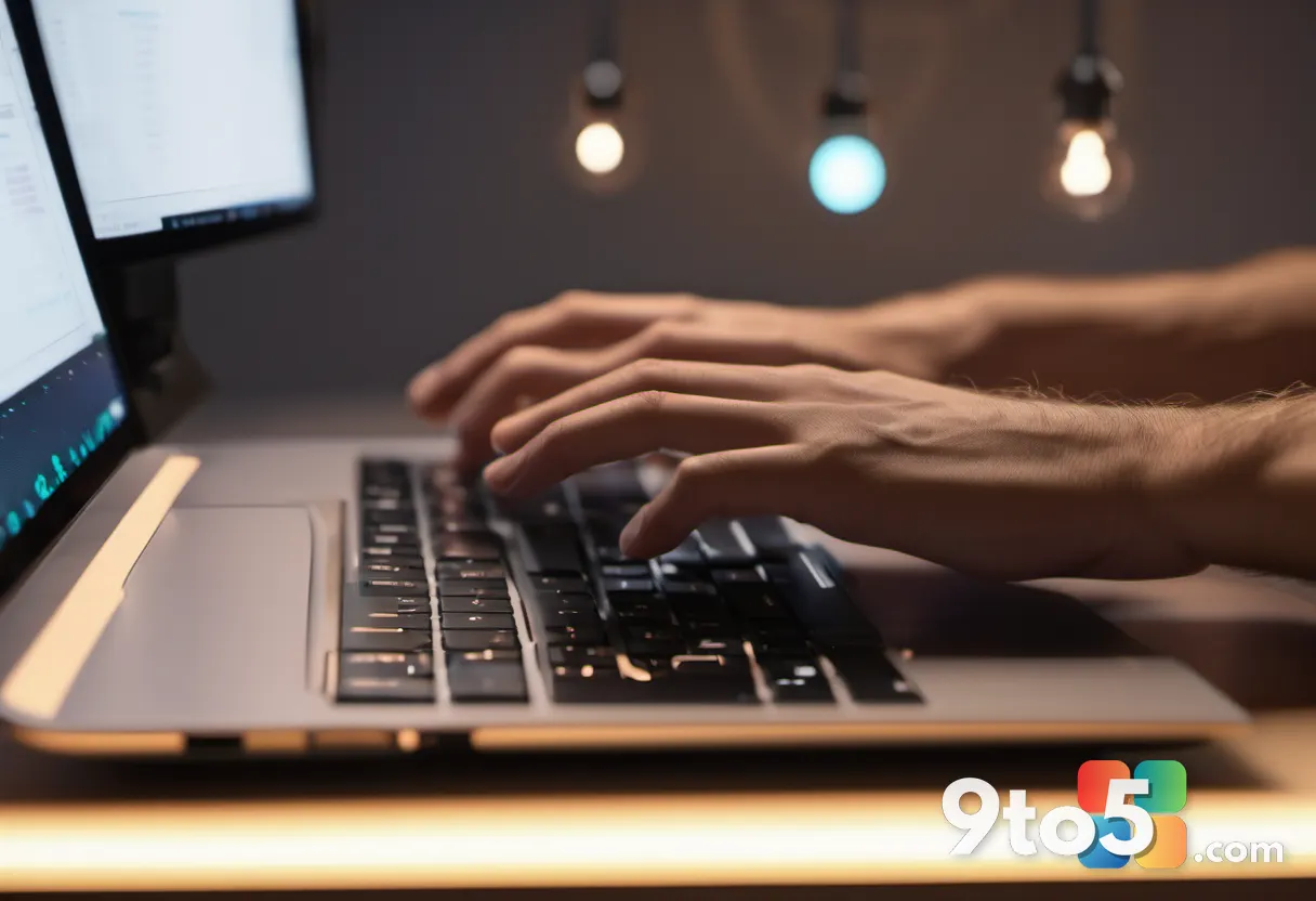 A close-up of hands hovering over a laptop keyboard with a softly glowing screen, warm desk lighting, shallow depth of f