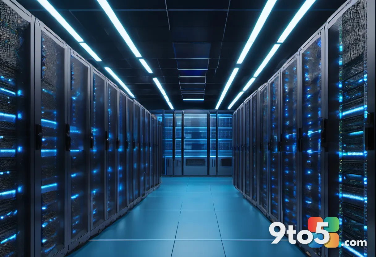 A row of server racks glowing with blue LED lights in a data center aisle, representing self-hosted sovereign infrastruc