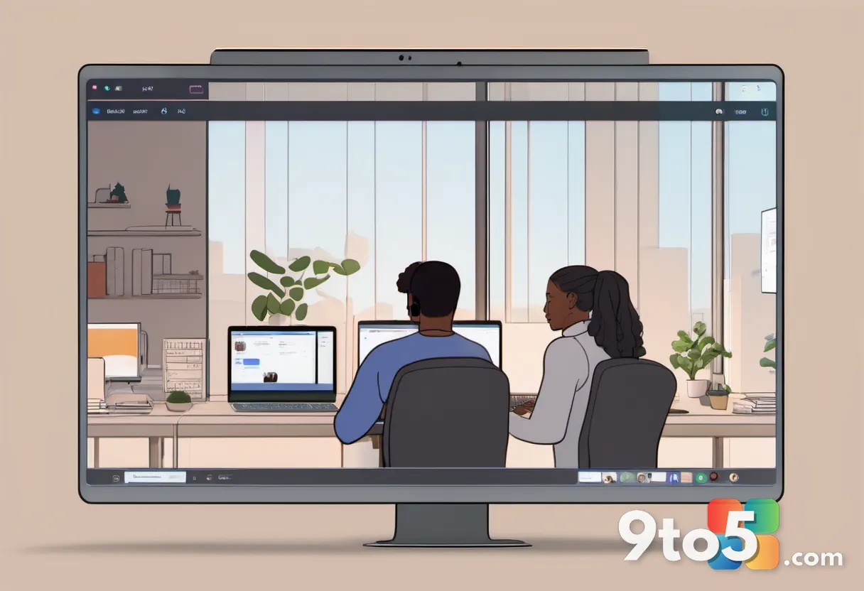 Two people at separate desks on a video call, one gesturing, split-screen chat bubbles floating between them, warm natur