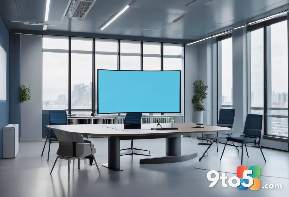 A modern office meeting room with large video conferencing screens and European-style furniture, cool blue tones, profes