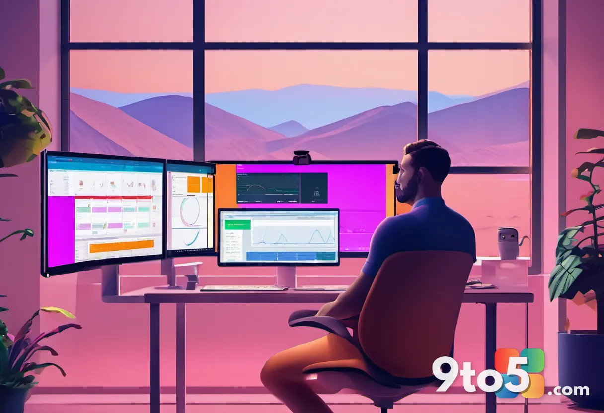 A person at a tidy desk reviewing a colorful interactive report on a wide monitor, warm ambient office lighting, focused