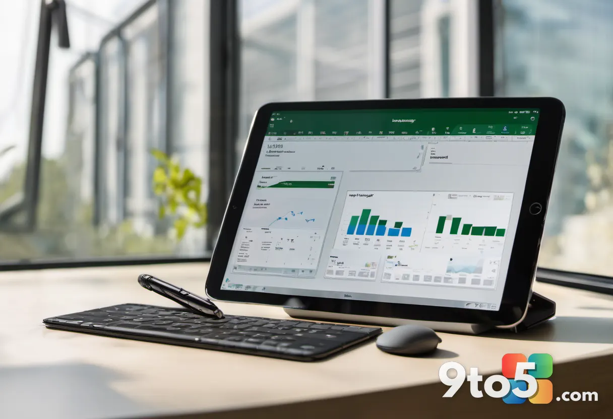 A person using the Excel app on an iPad with a stylus, spreadsheet visible on screen, bright casual office background, w