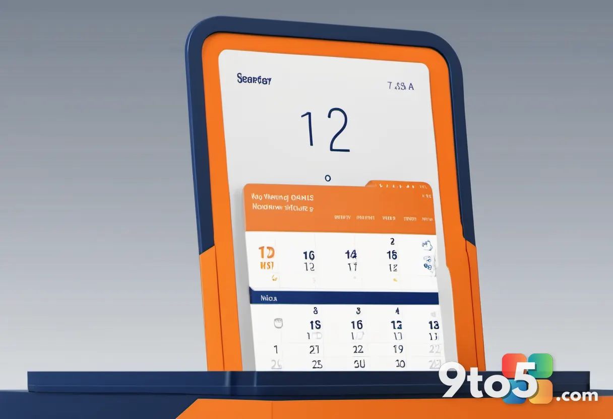 An abstract illustration of a calendar countdown to October with a warning icon, rendered in orange and navy blue, conve