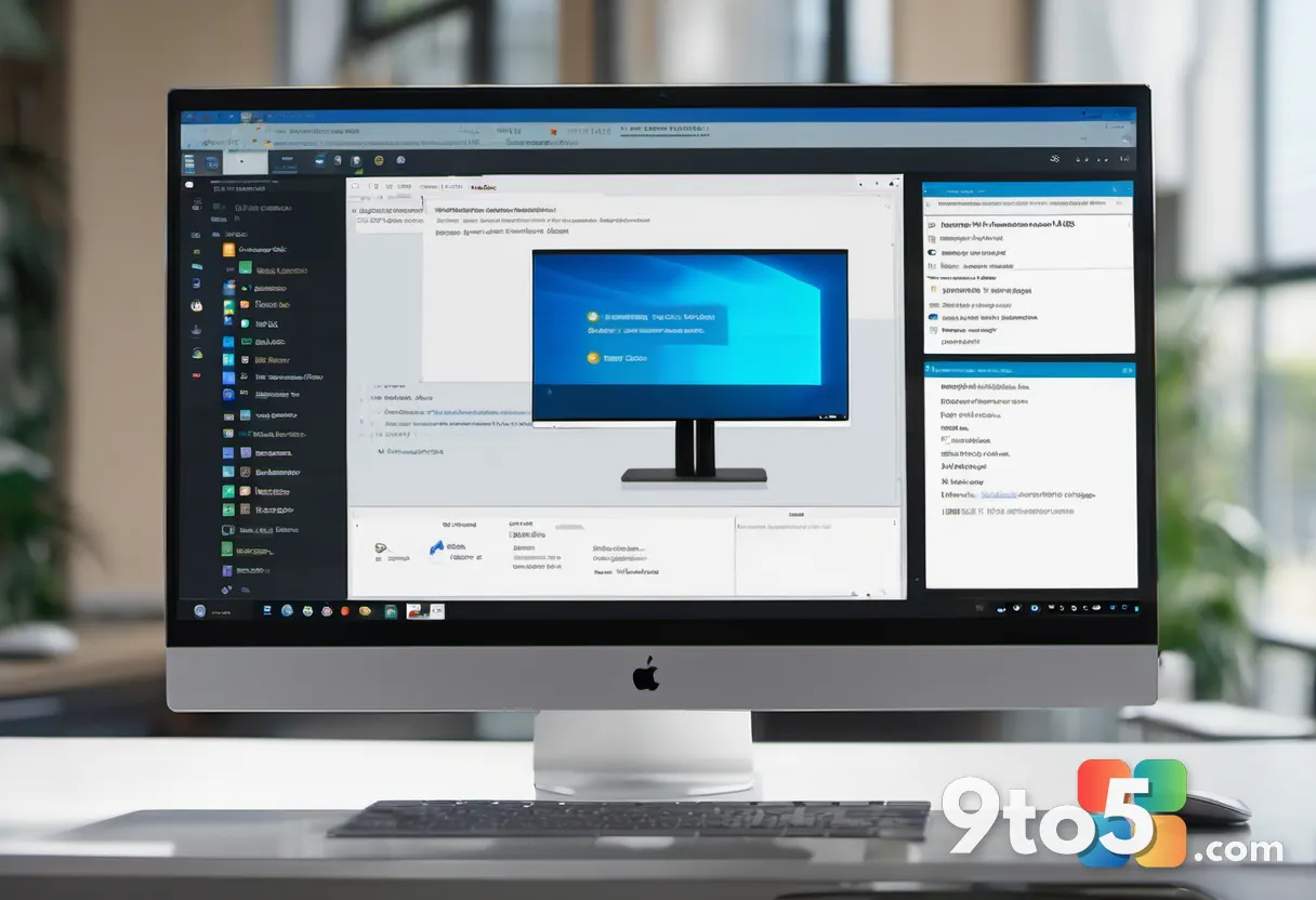 A person walking away from an open laptop on a desk, the screen showing a locked browser window, soft office background,