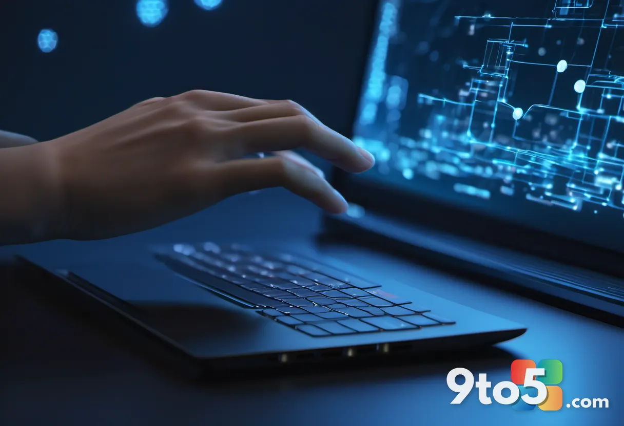 Close-up of hands typing on a laptop keyboard bathed in soft blue glow, abstract representation of an online chat, shall